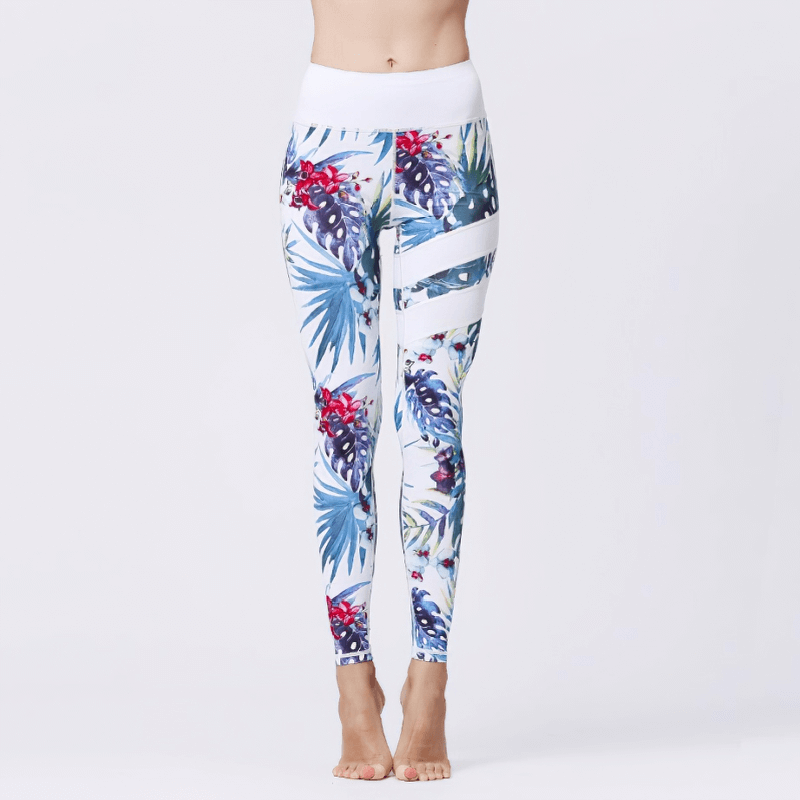 Women's high-waist sports leggings with vibrant flower prints, featuring stretchy nylon-spandex blend and elastic waist for yoga or fitness.